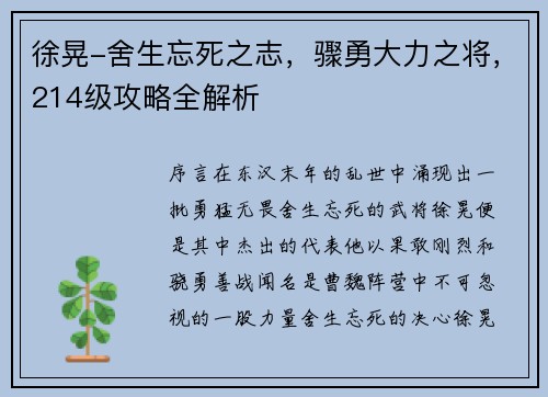 徐晃-舍生忘死之志，骤勇大力之将，214级攻略全解析