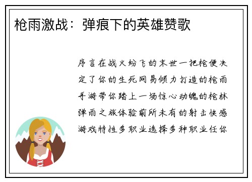 枪雨激战：弹痕下的英雄赞歌